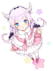 Rule 34 | 10s, 1girl, :o, beads, black bow, black hairband, blue eyes, blush, bow, capelet, dragon girl, dragon horns, dress, from above, full body, hair beads, hair bow, hair ornament, hairband, horns, kanna kamui, kinokohime, kinokohime (mican02rl), kobayashi-san chi no maidragon, long hair, long sleeves, looking at viewer, open mouth, red footwear, shoes, silver hair, simple background, solo, standing, twintails, white legwear