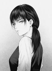 Rule 34 | 1girl, absurdres, black hair, breasts, chainsaw man, greyscale, highres, looking at viewer, looking back, marvin (omarvin), medium breasts, medium hair, mitaka asa, monochrome, ponytail, sidelocks, simple background, solo, white background