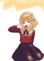Rule 34 | 1girl, arm behind back, arm up, blonde hair, bow, bowtie, collar, commentary request, covering own mouth, cowboy shot, green eyes, hairband, holding, holding leaf, idolmaster, idolmaster cinderella girls, leaf, long sleeves, looking at viewer, maple leaf, sakurai momoka, short hair, skirt, solo, sweater, tyubei7716, wavy hair