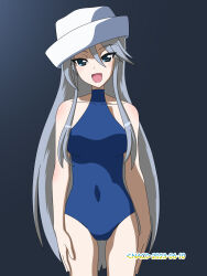 Rule 34 | 1girl, blue eyes, blue hair, blue one-piece swimsuit, blush, breasts, dated, flint (girls und panzer), girls und panzer, hat, highres, large breasts, long hair, looking at viewer, naotosi, one-piece swimsuit, open mouth, signature, smile, solo, swimsuit
