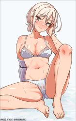 Rule 34 | 1girl, barefoot, blue eyes, blush, bra, breasts, cameltoe, cleavage, commentary, english commentary, grey hair, head tilt, highres, hot, kuso otoko, looking at viewer, mechanical arms, medium breasts, medium hair, navel, nose blush, on floor, original, panties, prosthesis, prosthetic arm, single mechanical arm, sitting, solo, spread legs, sweat, thighs, toenails, toes, underwear, underwear only, white background, white bra, white panties