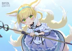 Rule 34 | animal ear fluff, animal ears, arknights, bare shoulders, black gloves, blonde hair, blouse, blue hairband, blush, braid, braided hair rings, character name, closed mouth, commentary request, copyright name, english text, eyebrows hidden by hair, fox ears, fox girl, fox tail, frilled skirt, frills, gloves, green eyes, hair rings, hairband, highres, holding, holding staff, kitsune, looking at viewer, makkuro, multicolored hair, pleated skirt, purple skirt, shirt, skirt, smile, staff, suzuran (arknights), tail, twin braids, two-tone hair, white hair, white shirt