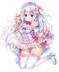 Rule 34 | 1girl, :q, ankle cuffs, ankle ribbon, bare shoulders, blue dress, blue flower, blue footwear, blush, bow, bowtie, breasts, center frills, closed mouth, covered collarbone, dress, floating hair, flower, food, frilled dress, frills, full body, garter straps, hair between eyes, hair bow, hair flower, hair ornament, hair ribbon, hairclip, halterneck, heart, holding, holding food, ice cream, ice cream cone, jumping, leg ribbon, long hair, looking at viewer, microdress, mitsuba choco, multicolored clothes, multicolored dress, off-shoulder dress, off shoulder, one side up, original, panties, pantyshot, pastel colors, pink bow, pink dress, red bow, red bowtie, red eyes, red ribbon, ribbon, shade, shiny skin, short sleeves, skindentation, skirt hold, small breasts, smile, solo, star (symbol), star print, striped, striped bow, thighhighs, thighs, tongue, tongue out, underwear, very long hair, white dress, white hair, white panties, white thighhighs, wrist cuffs, yellow bow, yellow flower, yellow ribbon