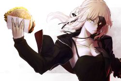 Rule 34 | 1girl, artoria pendragon (all), artoria pendragon (fate), black jacket, blonde hair, breasts, burger, closed mouth, collarbone, dark persona, fate/grand order, fate/stay night, fate (series), food, hair between eyes, holding, holding food, i-pan, jacket, saber alter (ver. shinjuku 1999) (fate), medium breasts, medium hair, official alternate costume, ponytail, saber alter, saliva, solo, upper body, visor, yellow eyes
