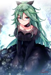 Rule 34 | 1girl, absurdres, alternate costume, artist name, baileys (tranquillity650), black dress, black gloves, black ribbon, blush, collarbone, commentary request, dress, elbow gloves, gloves, green eyes, green hair, hair between eyes, hair ribbon, highres, kantai collection, long hair, looking at viewer, ponytail, ribbon, signature, solo, twitter username, yamakaze (kancolle)