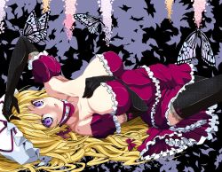 Rule 34 | 1girl, armpits, between breasts, black gloves, black thighhighs, blonde hair, bow, breasts, bug, butterfly, choker, elbow gloves, female focus, gloves, hair bow, hat, insect, large breasts, long hair, lying, on back, open mouth, purple eyes, revision, satou samu, solo, thighhighs, touhou, very long hair, yakumo yukari