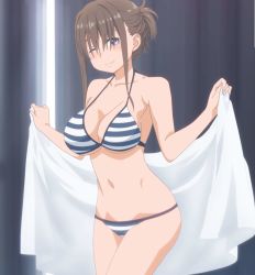 Rule 34 | 1girl, anime screenshot, bare shoulders, bikini, blue bikini, breasts, brown hair, cleavage, getsuyoubi no tawawa, grey eyes, hair between eyes, highres, large breasts, looking at viewer, maegami-chan (tawawa), navel, one eye closed, sideboob, sidelocks, smile, solo, stitched, stomach, striped bikini, striped clothes, swimsuit, thighs, third-party edit, towel, underboob, white bikini, wink