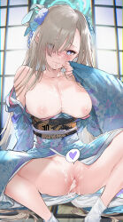 Rule 34 | 1girl, absurdres, after vaginal, aftersex, asuna (blue archive), blue archive, blue eyes, blue halo, blue kimono, blush, breasts, cleavage, collarbone, commentary request, cum, hair over one eye, halo, highres, indoors, japanese clothes, kimono, kurotsuki machi, large breasts, light brown hair, long hair, long sleeves, looking at viewer, nipples, obi, open mouth, sash, smile, socks, solo, white socks, wide sleeves