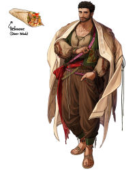 Rule 34 | 1boy, absurdres, anklet, bag, baggy clothes, baggy pants, bangle, beard, bracelet, brown hair, brown skirt, chest hair, closed mouth, collarbone, facial hair, food, full body, grey eyes, hand in pocket, highres, jacket, jacket on shoulders, jewelry, long sleeves, male focus, original, pants, pectoral cleavage, pectorals, personification, ring, rinotuna, shirt, simple background, skirt, slippers, smile, solo, tassel, toenails, toned, toned male, vest, white background