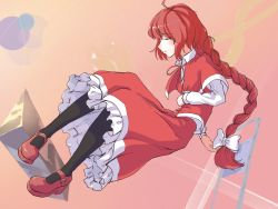 Rule 34 | black pantyhose, bow, braid, capelet, chair, closed eyes, hair bow, highres, long hair, okazaki yumemi, pantyhose, red footwear, red hair, red skirt, red vest, shirt, shoes, skirt, solo, stank, touhou, touhou (pc-98), very long hair, vest, white shirt