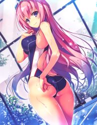 Rule 34 | 1girl, absurdres, adjusting clothes, adjusting swimsuit, ass, blue eyes, blush, breasts, goggles, goggles on head, highres, huge filesize, ichinose honami (youjitsu), impossible clothes, large breasts, long hair, looking at viewer, looking back, official art, one-piece swimsuit, pink hair, pool, smile, solo, sparkle, swimsuit, tomose shunsaku, very long hair, youkoso jitsuryoku shijou shugi no kyoushitsu e