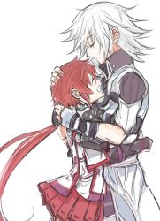 Rule 34 | 1boy, 1girl, armor, bad id, bad twitter id, blush, closed eyes, gloves, hug, jin (xenoblade), kokko mlf, long hair, lora (xenoblade), nintendo, parted lips, pauldrons, red hair, short hair, shoulder armor, simple background, smile, white hair, xenoblade chronicles (series), xenoblade chronicles 2, xenoblade chronicles (series), xenoblade chronicles 2, xenoblade chronicles 2: torna - the golden country, yellow eyes