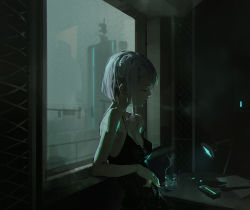 Rule 34 | black camisole, breasts, camisole, cigarette, closed eyes, cyberpunk (series), cyberpunk edgerunners, dino (dinoartforame), highres, holding, holding cigarette, indoors, lamp, lucy (cyberpunk), medium breasts, parted lips, short hair, smoking, strap slip, upper body, white hair, window