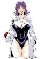 Rule 34 | 1girl, breasts, brown eyes, cleavage, club3, collarbone, commentary request, creatures (company), curvy, game freak, half-closed eyes, hand in pocket, highleg, highleg swimsuit, highres, holding, jewelry, lab coat, large breasts, lips, long hair, long sleeves, looking at viewer, necklace, nintendo, one-piece swimsuit, open mouth, philena ivy, poke ball, pokemon, pokemon (anime), pokemon (classic anime), purple hair, simple background, solo, strapless, strapless one-piece swimsuit, swimsuit, swimsuit under clothes, teeth, thighs, upper teeth only, water, water drop, wet, white background, wide hips