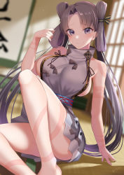Rule 34 | 1girl, backless dress, backless outfit, bare shoulders, blush, body markings, breasts, brown hair, dress, fate/grand order, fate (series), grey dress, grey eyes, highres, iyo (fate), kitajima yuuki, large breasts, long hair, looking at viewer, sash, sideboob, smile, solo, thighs, twintails, very long hair