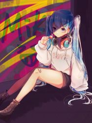 Rule 34 | artist name, bandage on face, bandage on knee, bandages, beige hoodie, beige sweater, black shorts, blue hair, brown footwear, candy, clenched hand, collar, commentary, earpiece, earrings, food, hair ornament, hairclip, hand on ground, hatsune miku, headphones, headphones around neck, highres, holding, holding candy, holding food, holding lollipop, hood, hooded sweater, hoodie, jewelry, lollipop, long hair, looking at viewer, mame kuri, multicolored background, purple eyes, serious, shiny clothes, shiny skin, shoes, short shorts, shorts, sitting, solo, sparkling eyes, sweater, thighs, twintails, very long hair, vocaloid