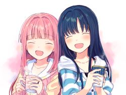 Rule 34 | 2girls, argyle, blue hair, blunt bangs, blush, buttons, closed eyes, coffee mug, collarbone, crescent print, cup, dot nose, drink, facing viewer, fingernails, floral print, fuji fujino, furrowed brow, gradient background, hair down, hands up, happy, heads together, holding, holding cup, hood, hood down, hooded jacket, jacket, jewelry, laughing, magia record: mahou shoujo madoka magica gaiden, mahou shoujo madoka magica, mug, multicolored background, multiple girls, nanami yachiyo, nanami yachiyo (pajamas costume), open mouth, partially unbuttoned, pink hair, polka dot, puffy sleeves, ring, side-by-side, sidelocks, simple background, sleepwear, spaghetti strap, sparkle print, steam, striped clothes, striped jacket, tamaki iroha, tamaki iroha (pajamas costume), tank top, upper body, white background