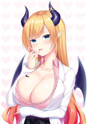 Rule 34 | 1girl, :d, arm under breasts, black wings, blonde hair, blush, breast hold, breasts, center frills, cleavage, collarbone, collared shirt, commentary request, curled horns, demon horns, demon wings, fingernails, frilled shirt, frills, green eyes, heart, heart background, highres, hololive, horns, jacket, large breasts, long hair, long sleeves, looking at viewer, open clothes, open jacket, open mouth, pink shirt, pointy ears, shirt, sleeves past wrists, smile, solo, upper body, very long hair, virtual youtuber, white background, white jacket, wings, yuunagi (0217), yuzuki choco, yuzuki choco (1st costume)
