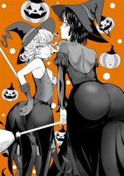 Rule 34 | 1boy, 2girls, alternate costume, armpits, ass, back, bare shoulders, black dress, black hair, black legwear, breasts, commentary request, curly hair, dress, fubuki (one-punch man), gloves, halloween, halloween costume, happy halloween, hat, highres, jack-o&#039;-lantern, kawa, long sleeves, looking at viewer, looking back, multiple girls, one-punch man, orange background, saitama (one-punch man), short hair, siblings, sisters, small breasts, tatsumaki, witch, witch hat