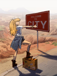 Rule 34 | absurdres, briefcase, flannel, highres, hitchhiking, looking at viewer, postiago, sign, thumbs up