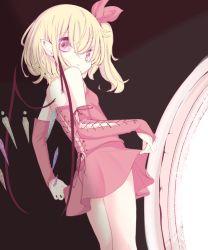 Rule 34 | alternate costume, bare shoulders, blonde hair, commentary request, dress, elbow gloves, flandre scarlet, gloves, hair ribbon, inasa orange, looking at viewer, looking back, pointy ears, red dress, red eyes, red gloves, red ribbon, ribbon, short dress, side ponytail, solo, standing, touhou, wings