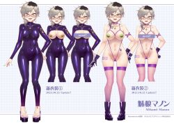 1girl bar_censor black_hair blush bodysuit boots breasts censored center_opening character_sheet choker cleavage collarbone cupless_bikini emoechi_pro feet fishnet_thighhighs fishnets glasses grey_hair hand_on_own_hip heart_pasties high_heels highres jewelry large_breasts latex latex_bodysuit lingerie long_sleeves looking_at_viewer mikami_manon mizuryu_kei multicolored_hair navel necklace open_mouth panties pasties platform_footwear platform_heels purple_bodysuit purple_panties purple_thighhighs semi-rimless_eyewear short_hair slingshot_swimsuit smile standing swimsuit tattoo thighhighs toes tongue two-tone_hair underwear virtual_youtuber