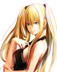 Rule 34 | 1girl, bare arms, black shirt, blonde hair, breasts, closed mouth, from side, green eyes, hair between eyes, headgear, long hair, medium breasts, original, shirt, sideboob, simple background, sleeveless, sleeveless shirt, smile, solo, sushi (sashimise), twintails, very long hair, white background