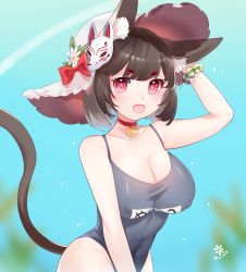 Rule 34 | 1girl, animal ear fluff, animal ears, ariko (aaaaarik), arm up, azur lane, bell, black hair, blush, breasts, cat ears, cat girl, cat tail, covered erect nipples, covered navel, gradient background, hair between eyes, hair ornament, hat, jingle bell, large breasts, looking at viewer, mask, mask on head, name tag, neck bell, one-piece swimsuit, open mouth, red eyes, school swimsuit, short hair, smile, solo, straw hat, swimsuit, tail, yamashiro (azur lane), yamashiro (summer offensive?) (azur lane)