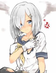 Rule 34 | 10s, 1girl, bad id, bad pixiv id, blue eyes, blush, breasts, female focus, gloves, hair ornament, hairclip, hamakaze (kancolle), kantai collection, large breasts, mope, pantyhose, school uniform, serafuku, short hair, silver hair, solo, tears, torn clothes, torn pantyhose, white gloves