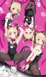 Rule 34 | 1boy, 1girl, anger vein, animal ear headphones, animal ears, bare shoulders, black leotard, black pantyhose, blonde hair, blue archive, blush, bound, bound wrists, bow, bowtie, breasts, card, cat ear headphones, clothing cutout, cuffs, cutout above navel, death momoi (meme), detached collar, doodle sensei (blue archive), doughnut, dreaming, dual wielding, fake animal ears, food, furrowed brow, hair bow, halo, handcuffs, hanging, headphones, heart cutout, high heels, highres, holding, holding knife, knife, leotard, looking at viewer, low-tied sidelocks, meme, momoi (blue archive), object in bra, open mouth, p-gnesium, pantyhose, pink background, pink eyes, pink halo, playboy bunny, playing card, pole, rabbit hole (vocaloid), red bow, red bowtie, red footwear, ribbon, ribbon bondage, second-party source, sensei (blue archive), short hair, sleeping, small breasts, smile, spread legs, squatting, stripper pole, through wall