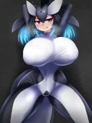 Rule 34 | 1girl, aqua hair, arms behind head, arms up, black hair, blowhole, blue eyes, blush, bodysuit, borrowed character, bound, bound arms, breasts, breath, cetacean tail, chain, clenched teeth, covered erect nipples, covered navel, curvy, daddy pomgi, diving suit, dorsal fin, fins, fish tail, hair between eyes, hair ornament, head fins, highres, huge breasts, impossible bodysuit, impossible clothes, kemono friends, killer whale (kemono friends) (stylecase), looking at viewer, medium hair, multicolored hair, nose blush, original, restrained, skin tight, solo, stationary restraints, tail, teeth, wetsuit
