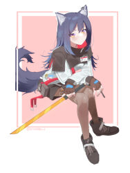 Rule 34 | 1girl, animal ear fluff, animal ears, arknights, black footwear, black shorts, blue hair, boots, brown gloves, brown pantyhose, capelet, cigarette, closed mouth, crossed legs, ear piercing, electronic cigarette, fingerless gloves, gloves, highres, holding, holding cigarette, holding sword, holding weapon, invisible chair, jacket, light blush, looking at viewer, name tag, pantyhose, piercing, pouch, raneblu, shorts, sitting, solo, sword, tail, texas (arknights), twitter username, weapon, white jacket, wolf ears, wolf tail, yellow eyes