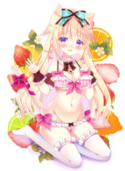 Rule 34 | 1girl, animal ears, bare shoulders, bikini, bitter crown, blonde hair, blue bow, blush, bow, braid, breasts, cat ears, cat girl, cat tail, cleavage, commentary request, flower, food, frilled bikini, frilled thighhighs, frills, fruit, full body, groin, hair between eyes, hair bow, long hair, looking at viewer, medium breasts, navel, original, pink bikini, polka dot, polka dot bow, purple eyes, red bow, seiza, simple background, sitting, smile, solo, strawberry, striped bikini, striped clothes, swimsuit, tail, tail bow, tail ornament, thighhighs, twin braids, vertical-striped bikini, vertical-striped clothes, very long hair, white background, white flower, white thighhighs, wrist cuffs
