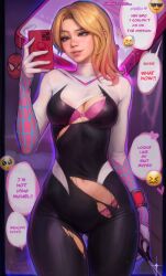 Rule 34 | 1girl, absurdres, asymmetrical hair, blonde hair, bodysuit, bra, bra peek, breasts, cellphone, cleavage, colored tips, commentary, emoji, english commentary, english text, eyebrow piercing, gluteal fold, gwen stacy, highres, hood, hooded bodysuit, kittew, marvel, medium breasts, multicolored hair, panties, panty peek, phone, piercing, pink bra, pink panties, scissors, sidecut, smartphone, smile, solo, speech bubble, spider-gwen, spider-man: across the spider-verse, spider-man (series), spider-verse, spider web print, thigh gap, torn bodysuit, torn clothes, two-tone bodysuit, undercut, underwear