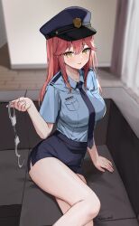 Rule 34 | 1girl, arm support, bare legs, black skirt, blue hat, blue shirt, blurry, breast pocket, breasts, closed mouth, collared shirt, couch, cuffs, depth of field, handcuff dangle, handcuffs, hat, highres, holding, indoors, kaetzchen, large breasts, light smile, liliya (kaetzchen), long hair, looking at viewer, miniskirt, necktie, original, peaked cap, pencil skirt, pocket, police, police hat, police uniform, policewoman, red hair, shirt, shirt tucked in, short sleeves, side slit, sitting, skirt, solo, thighs, tongue, tongue out, uniform, yellow eyes