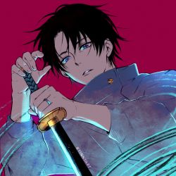 Rule 34 | 1boy, absurdres, bad id, bad pixiv id, black hair, blue eyes, hair between eyes, highres, holding, holding sword, holding weapon, huge filesize, jewelry, jujutsu kaisen, katana, looking at viewer, male focus, okkotsu yuuta, parted lips, pink background, ring, short hair, signature, simple background, solo, sword, upper body, weapon, yinnyart