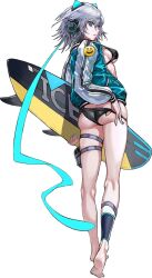 Rule 34 | 1girl, barefoot, blue eyes, blue nails, breasts, crossover, feet, from behind, full body, grey hair, holding, holding surfboard, icey, icey (game), iron saga, jacket, medium breasts, nail polish, official alternate costume, official art, open clothes, open jacket, sideboob, smiley face, soles, solo, surfboard, swimsuit, third-party source, transparent background