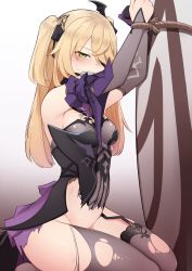 Rule 34 | 1girl, absurdres, armpits, arms up, bare shoulders, bdsm, bit gag, black dress, blonde hair, bodysuit, bottomless, breasts, detached sleeves, dress, eyepatch, fischl (genshin impact), gag, garter straps, genshin impact, gloves, gradient background, green eyes, grey legwear, hair ornament, hair over one eye, highres, k0ng, long hair, long sleeves, looking at viewer, no panties, restrained, single glove, sitting, small breasts, solo, sweat, torn bodysuit, torn clothes, torn legwear, two side up, white background