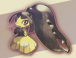Rule 34 | artist name, blush, closed mouth, commentary request, creatures (company), full body, game freak, gen 3 pokemon, heart, looking to the side, mawile, nintendo, outline, own hands together, pokemon, pokemon (creature), red eyes, smile, solo, tansho