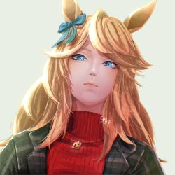 Rule 34 | 1girl, animal ears, black jacket, blonde hair, blue eyes, bow, closed mouth, ear bow, gold city (umamusume), horse ears, jacket, jewelry, lips, long hair, looking at viewer, necklace, portrait, red sweater, signature, solo, sweater, turtleneck, turtleneck sweater, umamusume, unajiru