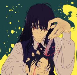 Rule 34 | 1boy, 1girl, alaylays, black hair, blank eyes, blood, blood splatter, blood spray, bloody tears, chainsaw man, cross scar, dress, facial scar, fourth east high school uniform, highres, long hair, looking at viewer, open mouth, pinafore dress, red eyes, scar, scar on cheek, scar on face, school uniform, severed head, short hair, sleeveless dress, smile, spine, tanaka (chainsaw man), two-tone background, yoru (chainsaw man)