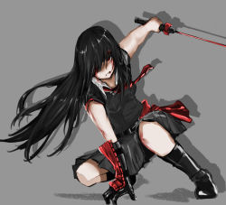 Rule 34 | 10s, 1girl, akame (akame ga kill!), akame ga kill!, bad id, bad pixiv id, belt, black gloves, black hair, blood, blood on face, boots, breasts, fitz (fita is the smartest), gloves, hair over one eye, injury, katana, long hair, loose necktie, necktie, on one knee, red eyes, single glove, skirt, small breasts, solo, sword, vambraces, weapon