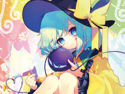 Rule 34 | 1girl, abstract background, aqua hair, black hat, blue eyes, blush, bow, bowler hat, closed mouth, crying, crying with eyes open, feet out of frame, finger gun, frilled sleeves, frills, hat, hat bow, heart, heart of string, highres, hinasumire, knees up, komeiji koishi, long sleeves, looking at viewer, medium hair, sitting, smile, solo, stitches, tareme, tears, touhou, yellow bow