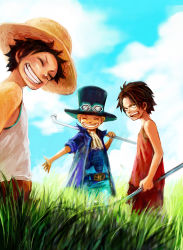 Rule 34 | 3boys, bad id, bad pixiv id, black hair, blonde hair, brothers, cloud, day, east blue, family, freckles, goggles, grass, grin, happy, hat, highres, jacket, male focus, missing tooth, monkey d. luffy, multiple boys, nature, one piece, outdoors, pole, portgas d. ace, red shirt, sabo (one piece), scar, scarf, shirt, siblings, sky, smile, straw hat, top hat, tsuyomaru, weapon, aged down
