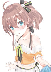 Rule 34 | 1girl, absurdres, ahoge, blue eyes, blush, breasts, brown hair, camisole, collarbone, hair ornament, hair ribbon, highres, hololive, looking at viewer, midriff, natsuiro matsuri, natsuiro matsuri (1st costume), navel, open mouth, pinstripe camisole, pinstripe pattern, pulling, ribbon, side ponytail, simple background, small breasts, solo focus, striped, toratora (nanahaba), virtual youtuber