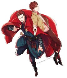 Rule 34 | 2boys, bow, bowtie, brown hair, cape, crossover, doctor strange, doctor strange (series), doctor who, eleventh doctor, jacket, loafers, marvel, multiple boys, pants, red cape, rena (renasight), shirt, shoes, short hair, the doctor, white background