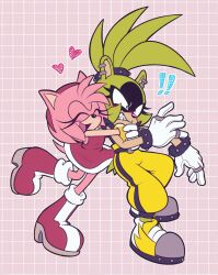 Rule 34 | !, !!, 2girls, amy rose, animal ear piercing, boots, closed eyes, dress, frazzy bear, full body, furry, furry female, gloves, grid background, headband, heart, highres, hug, jewelry, multiple girls, open mouth, pants, pink background, red dress, red footwear, red headband, ring, shoes, sleeveless, sleeveless dress, sonic (series), surge the tenrec, tail, two-tone footwear, white footwear, white gloves, yellow footwear, yellow pants