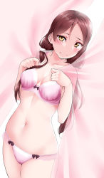 Rule 34 | 1girl, alternate hairstyle, blush, bow, bow bra, bow panties, bra, breasts, cleavage, collarbone, curtains, hair over shoulder, highres, long hair, looking at viewer, love live!, love live! sunshine!!, navel, panties, pink bra, pink panties, purple bow, red hair, sakurauchi riko, scrunchie, see-through, sleeveless, small breasts, solo, twintails, underwear, underwear only, white background, white scrunchie, yellow eyes, yopparai oni