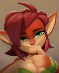Rule 34 | 1girl, absurdres, alternate breast size, bare shoulders, breasts, brown background, cleavage, commentary, elora (spyro), english commentary, fewer digits, furry, furry female, green eyes, highres, large breasts, medium hair, portrait, red fur, red hair, solo, spyro (series), spyro reignited trilogy, thehumancopier, thinking, two-tone fur, wristband