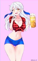 Rule 34 | 1girl, :d, absurdres, alternate costume, beer mug, bird, bird on hand, birthmark, blue shorts, blush, breasts, checkered clothes, checkered shirt, cleavage, collarbone, cowboy shot, cropped shirt, cup, denim, denim shorts, fire emblem, fire emblem: radiant dawn, fire emblem heroes, front-tie top, grey hair, hair ribbon, half updo, hand up, highres, holding, holding cup, jarckius, large breasts, long hair, micaiah (fire emblem), midriff, mug, navel, nintendo, no gloves, open mouth, pink background, red shirt, ribbon, shirt, short shorts, short sleeves, shorts, simple background, smile, solo, thighs, tied shirt, twin peaks, twitter username, yellow eyes, yune (fire emblem)